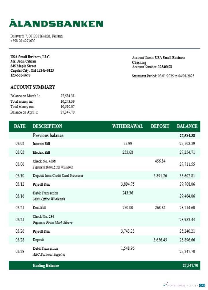 Download Aland bank firm account statement Word and PDF template Photoshop template
